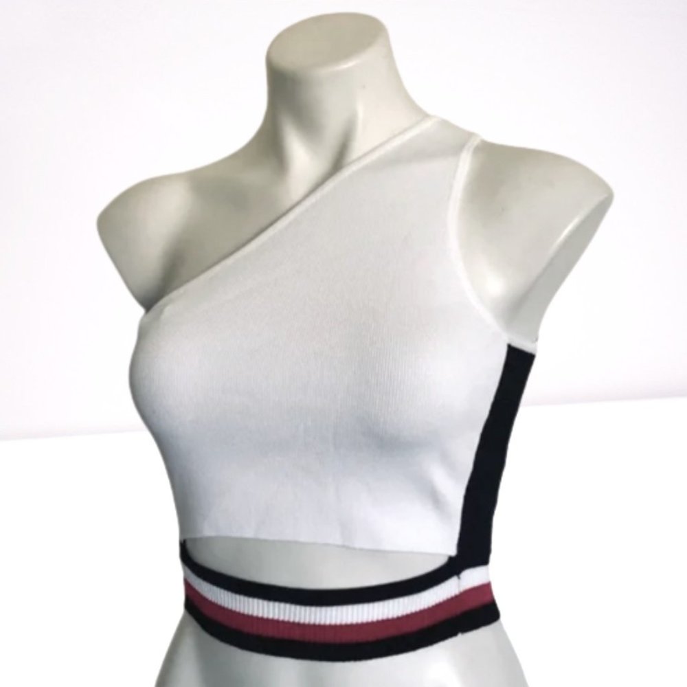 Rehab Lab One Shoulder Cut-Out Varsity Stripe Knit Crop Top, Womens S, Jr L NEW